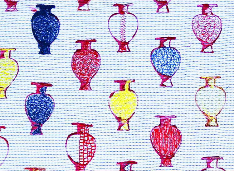 Machine embroidery example of repeated vase pattern, with each vase shaded or decorated differently