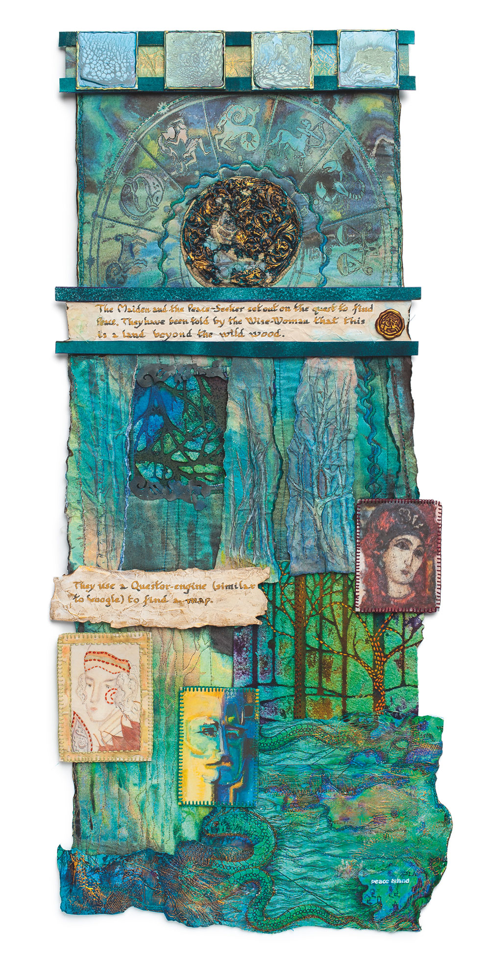 Peace Seeking. A mixed media piece by textiles artist, Maggie Grey 