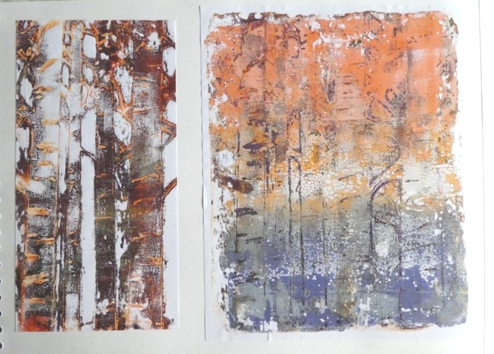 Two similar pieces of artwork of trees by Bernice Hopper, using different colours of rust and brown for the bark