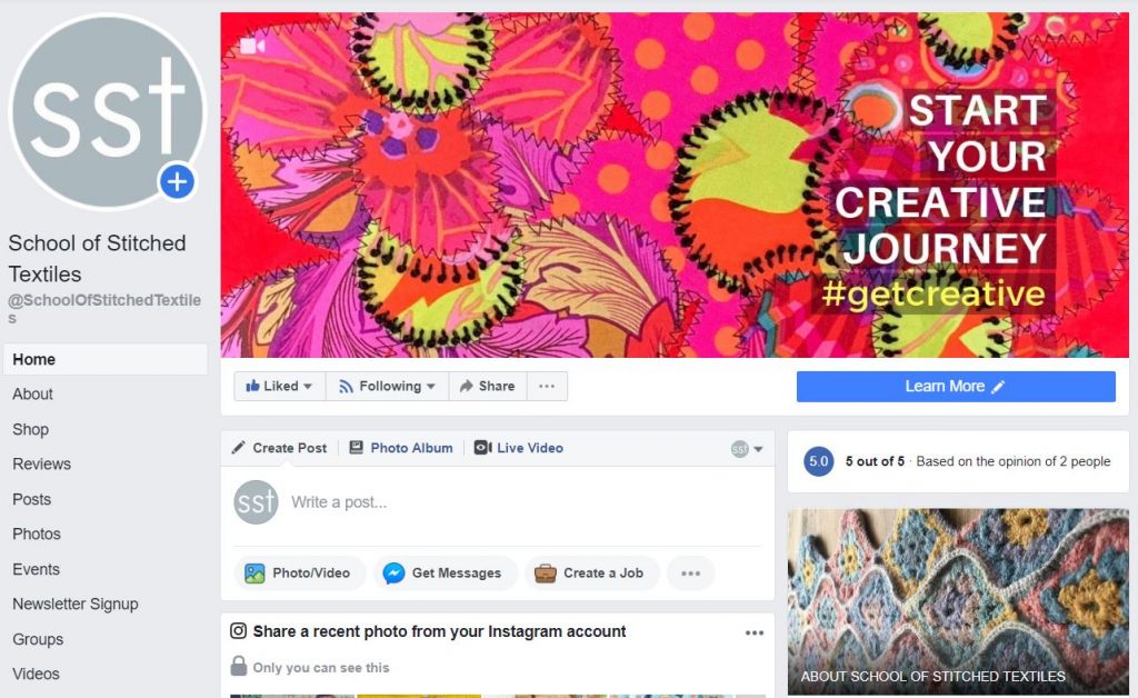 Screenshot of the School of Stitched Textile's Facebook account