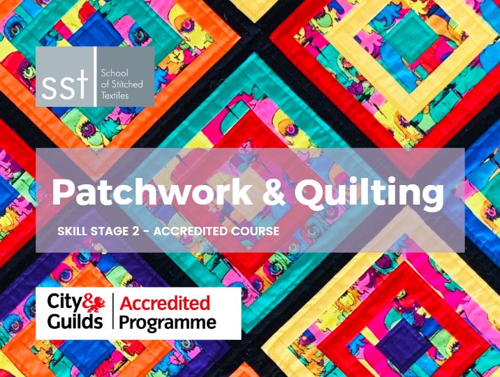 Patchwork and Quilting, skill stage 2 accredited course header. City and guilds accredited programme.