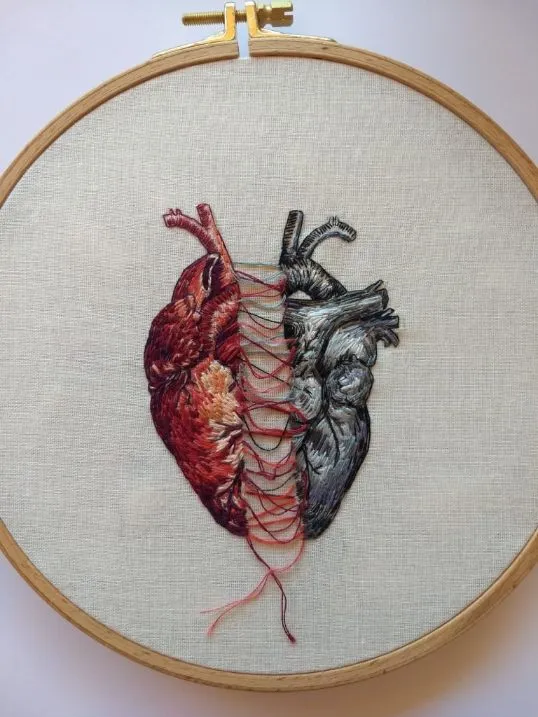 A broken or torn heart. Embroidery by Julie Campbell