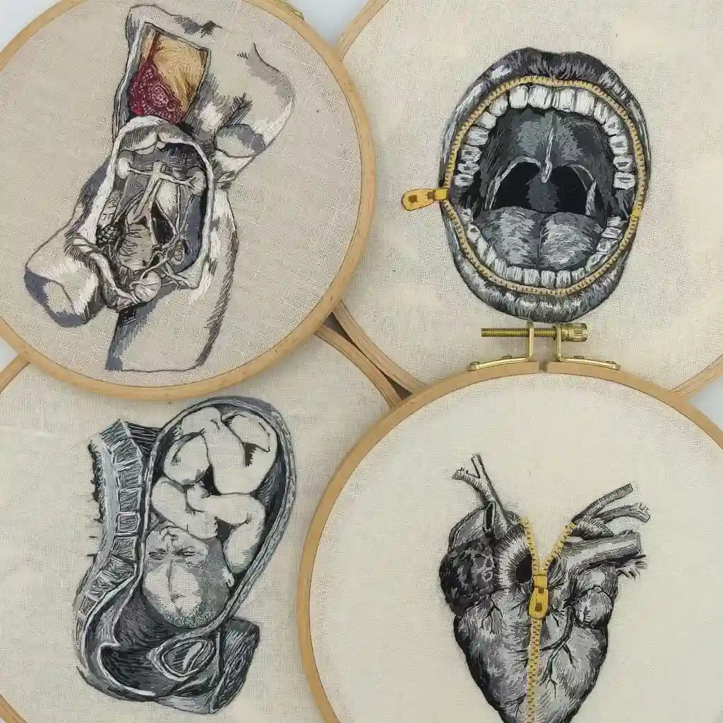 A collection of embroidered anatomy hoop art by Julie Campbell