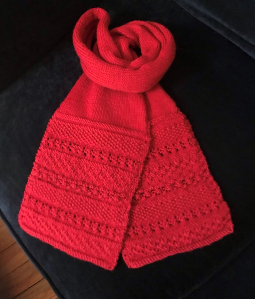 Knitted scarf produced on Susan Rorison on our Skill Stage 3 Knitting Course