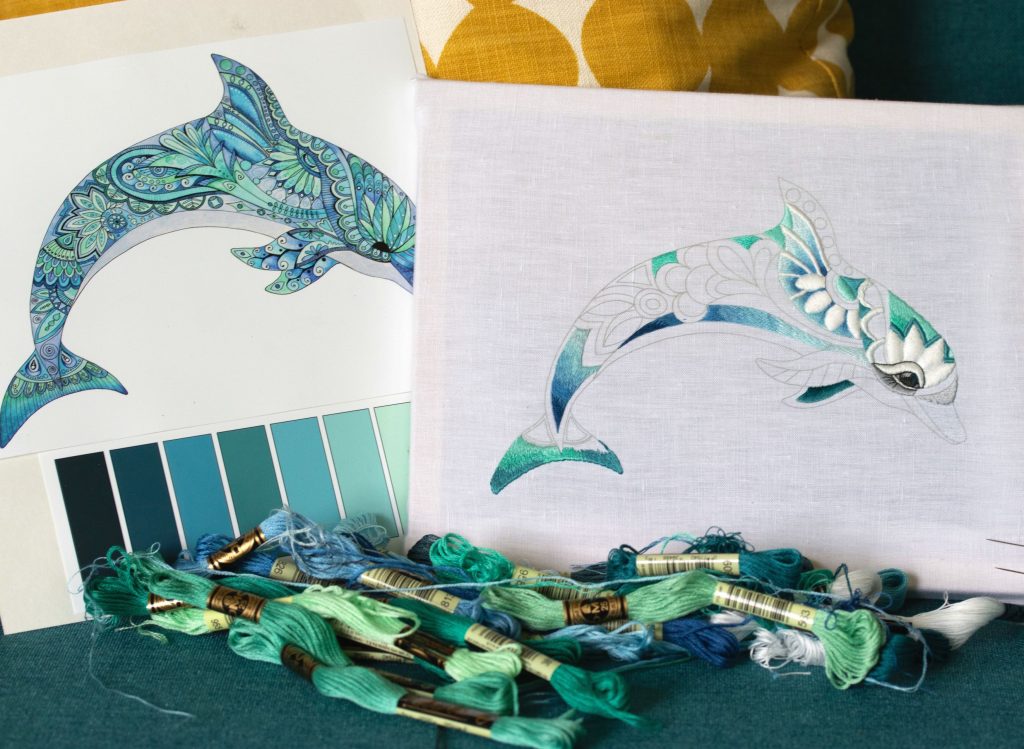 Trish Burr's latest project, white work dolphin with colour
