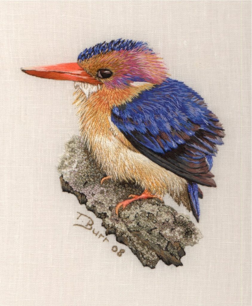 Kingfisher silk shaded embroidered by Trish Burr