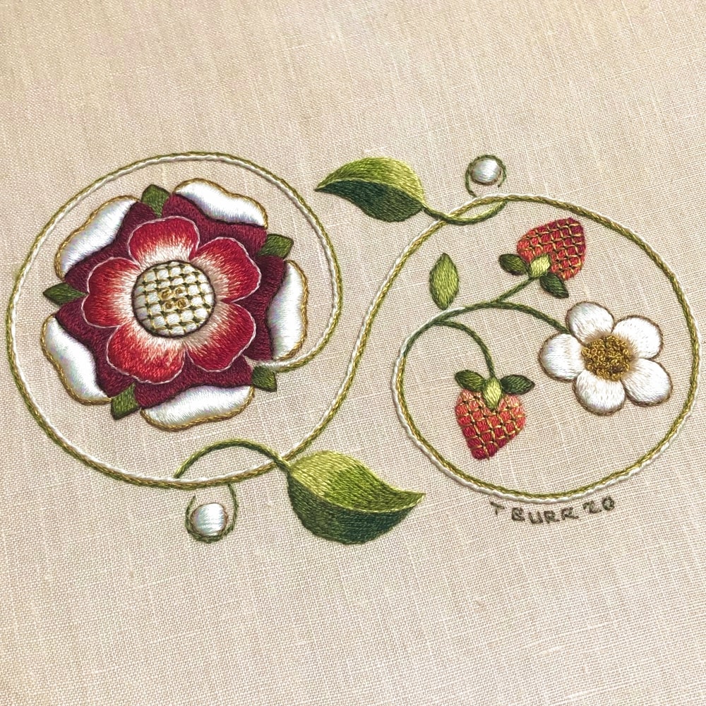 Modernised Tudor Rose embroidery by Trish Burr