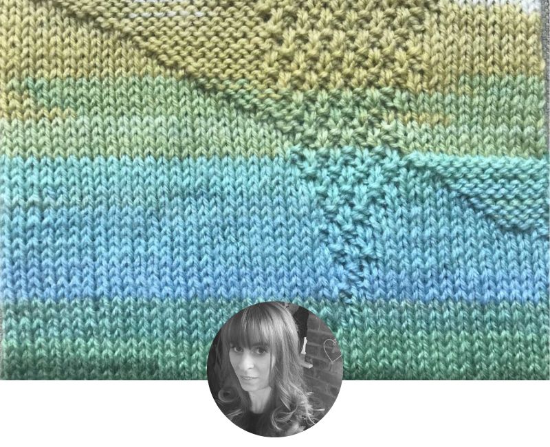 Close up of knitted piece, with colours transitioning between shades of green and blue