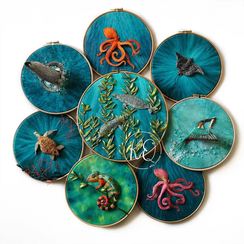 Assortment of raised embroideries by Kq Creates is a textile artists Inspired by the Ocean