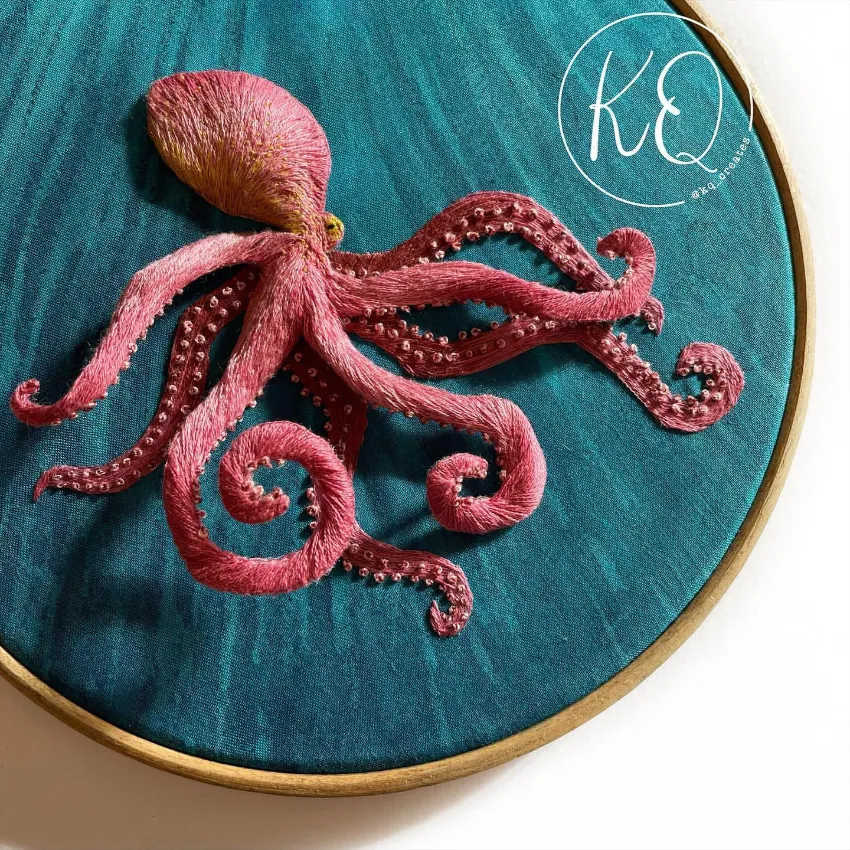 Octopus stumpwork embroidery, Kq Creates is a textile artists Inspired by the Ocean