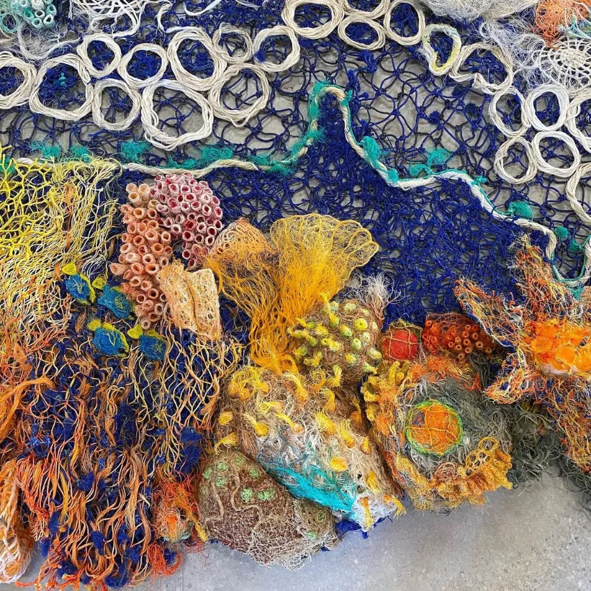 Lynette Griffiths and Erub Arts create textile installations made from reclaimed fishing nets.