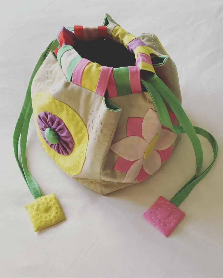 Patchwork draw-string bag made for an assessment by Fiona McGilvray