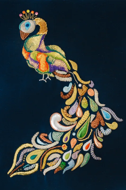 Crewel Work peacock embroidered by Chloe Savage