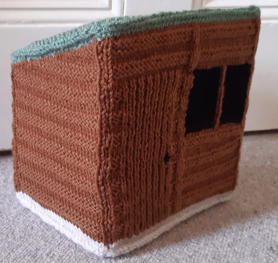 A garden shed designed and knitted by Knitting graduate, Jan Lidgley