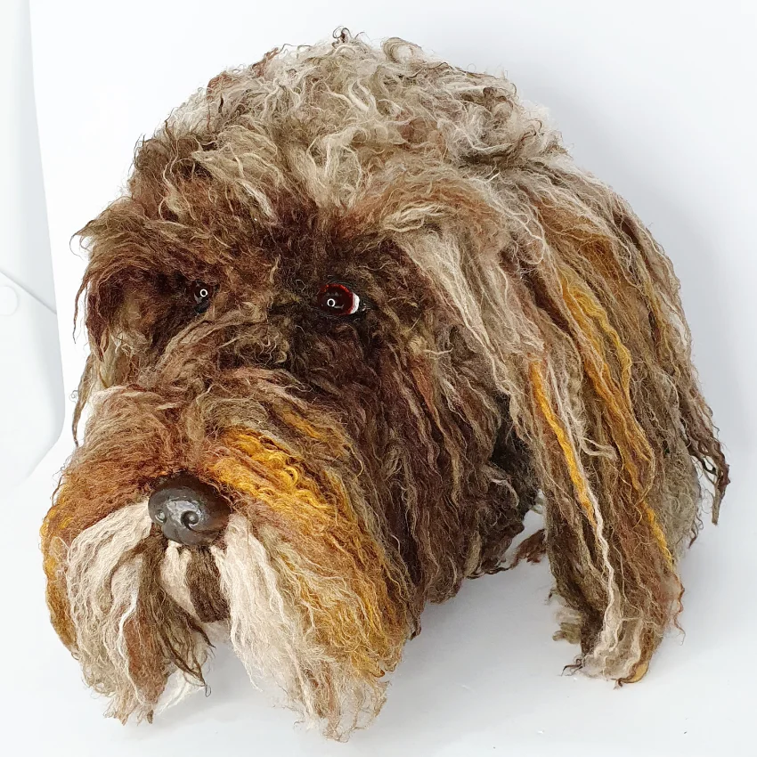 Crocheted dog head created by Judy Sendrove