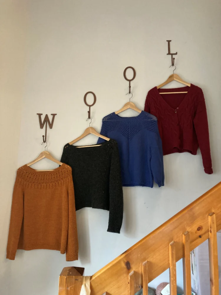 Knited jumpers hanging in Northern Yarns Shop