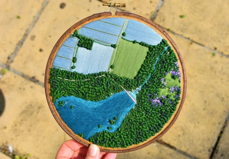 A countryside ramble early on a summers day aerial view hand embroidery by Victoria Rose Richards