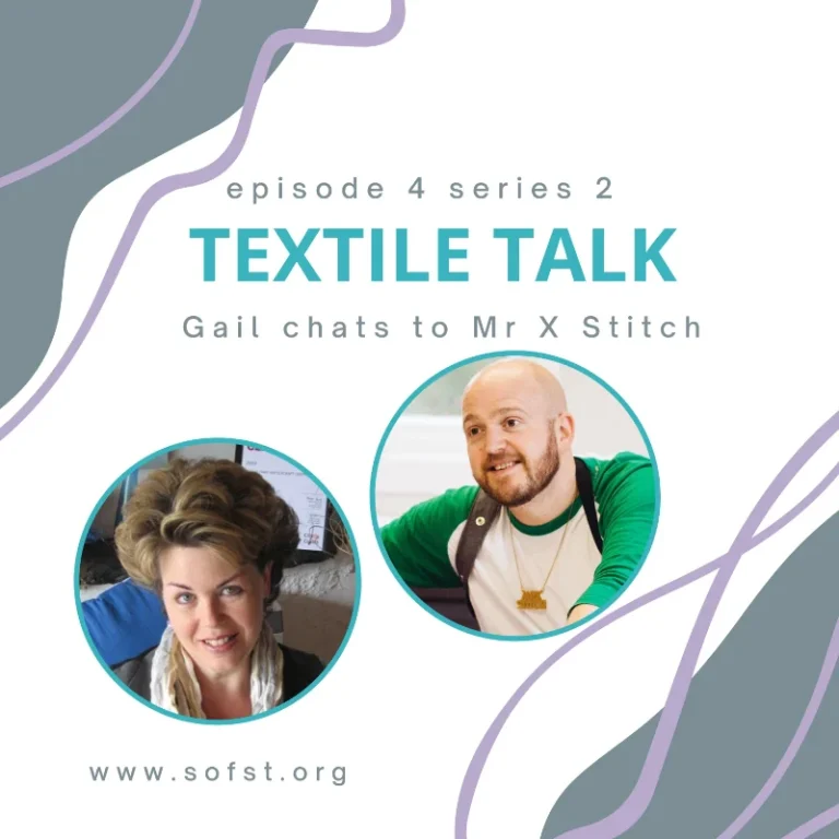 Textile Talk podcast covers with Gail Cowley and Jamie Chalmers aka Me X Stitch