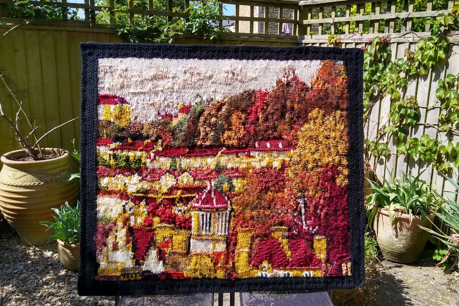 Knitted wall hanging designed and knitted by Diana Feroze