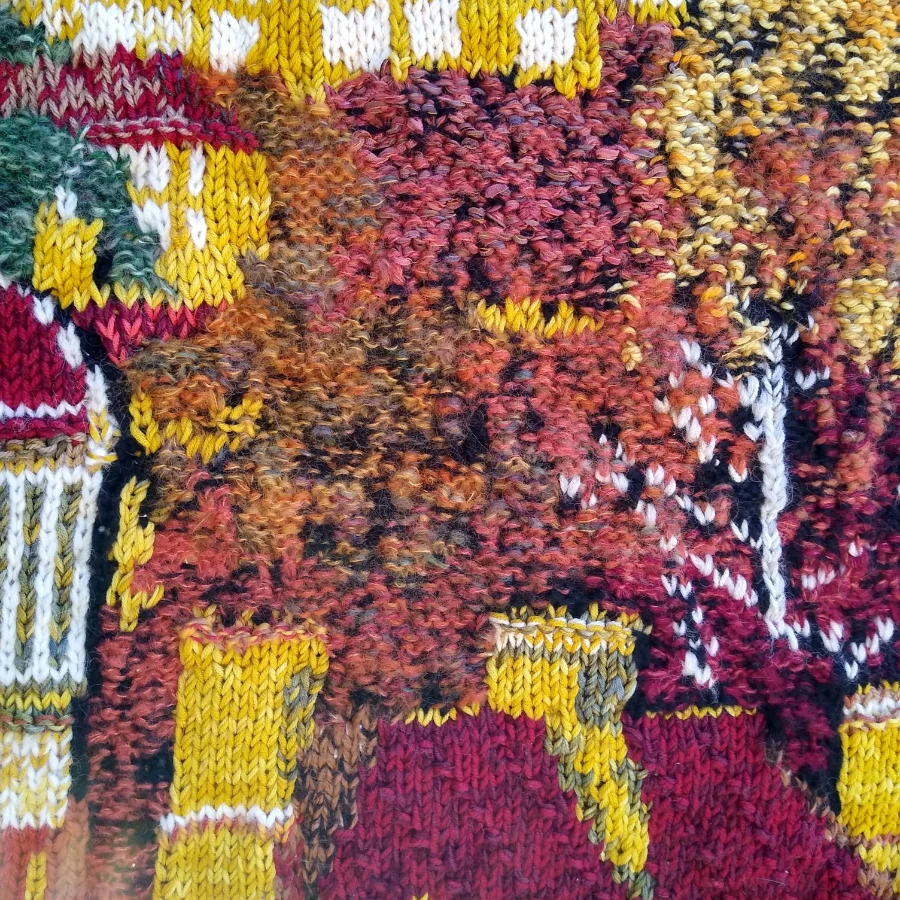 close up detail of Knitted wall hanging designed and knitted by Diana Feroze