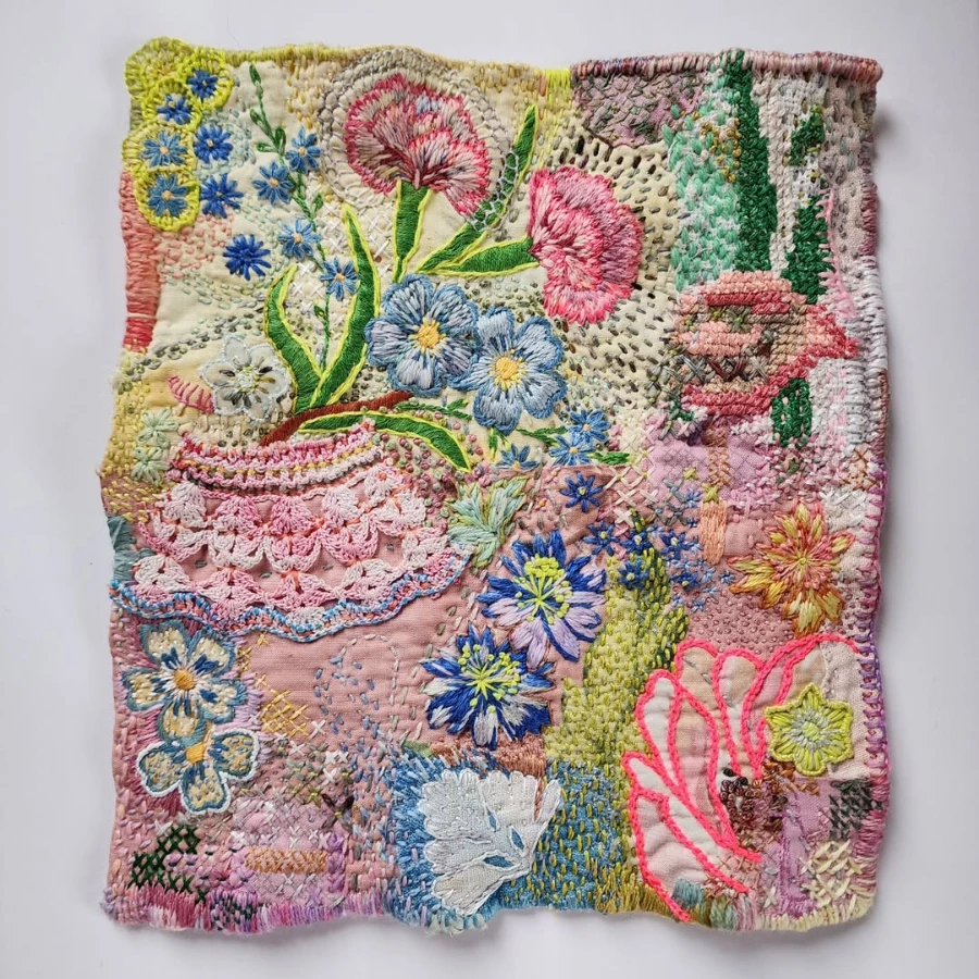 Vibrant embroidery art by Fleur Woods