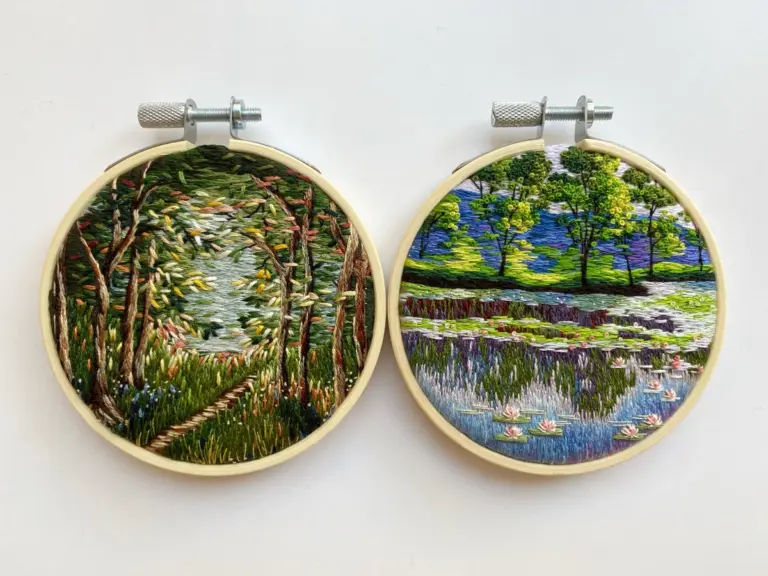 Contemporary embroidery hoop art by Cassandra Dias