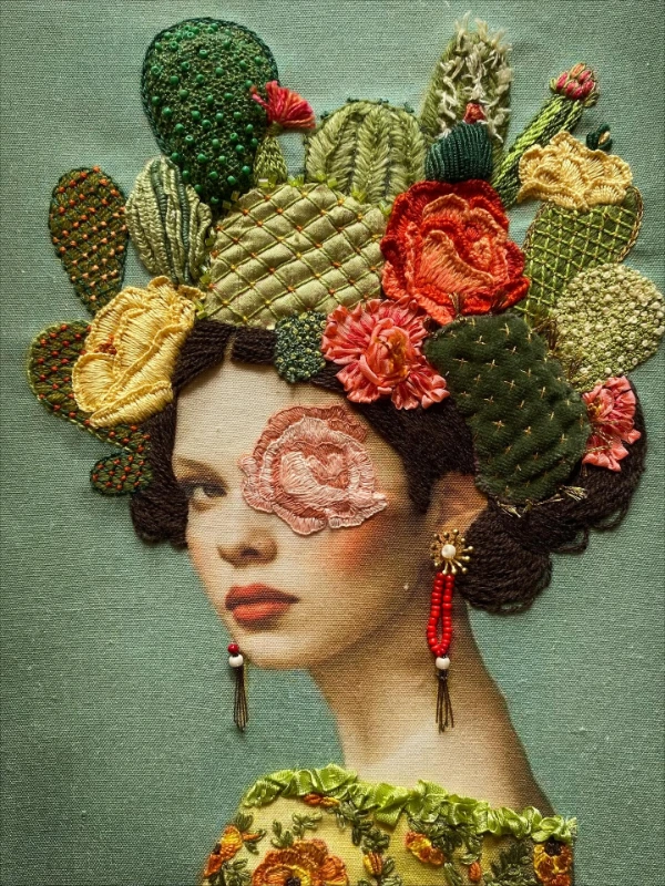 Embroidered, mixed media portrait by Maria Fernanda Smart