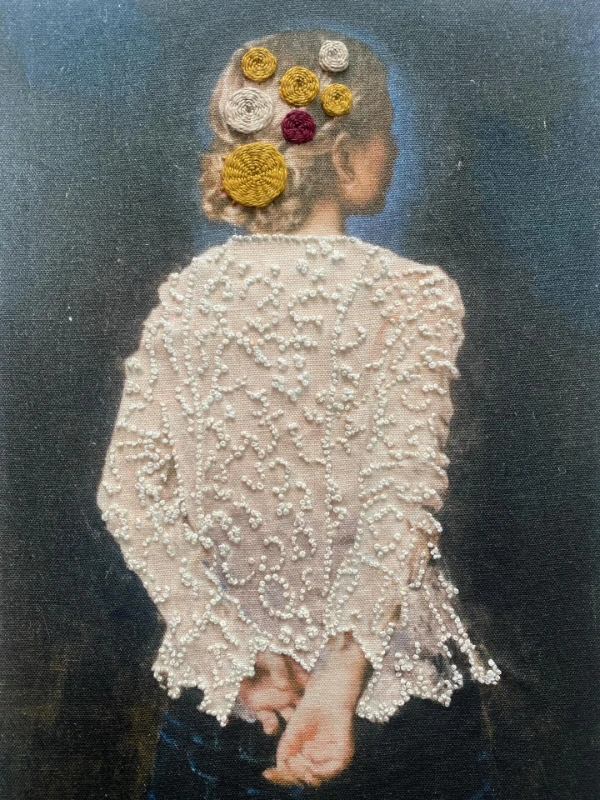 Embroidered, mixed media portrait by Maria Fernanda Smart