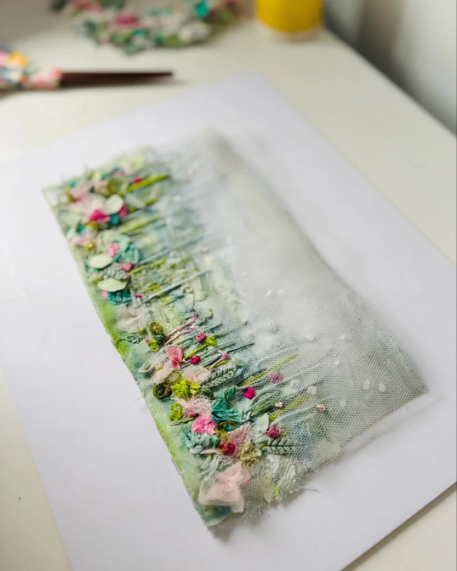 Embroidery mixe media artwork by Emily Notman, inspired by botanics