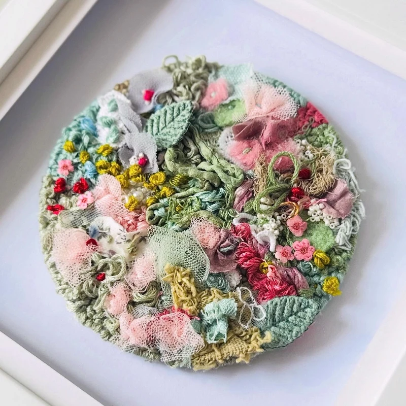 Embroidery mixe media artwork by Emily Notman, inspired by botanics