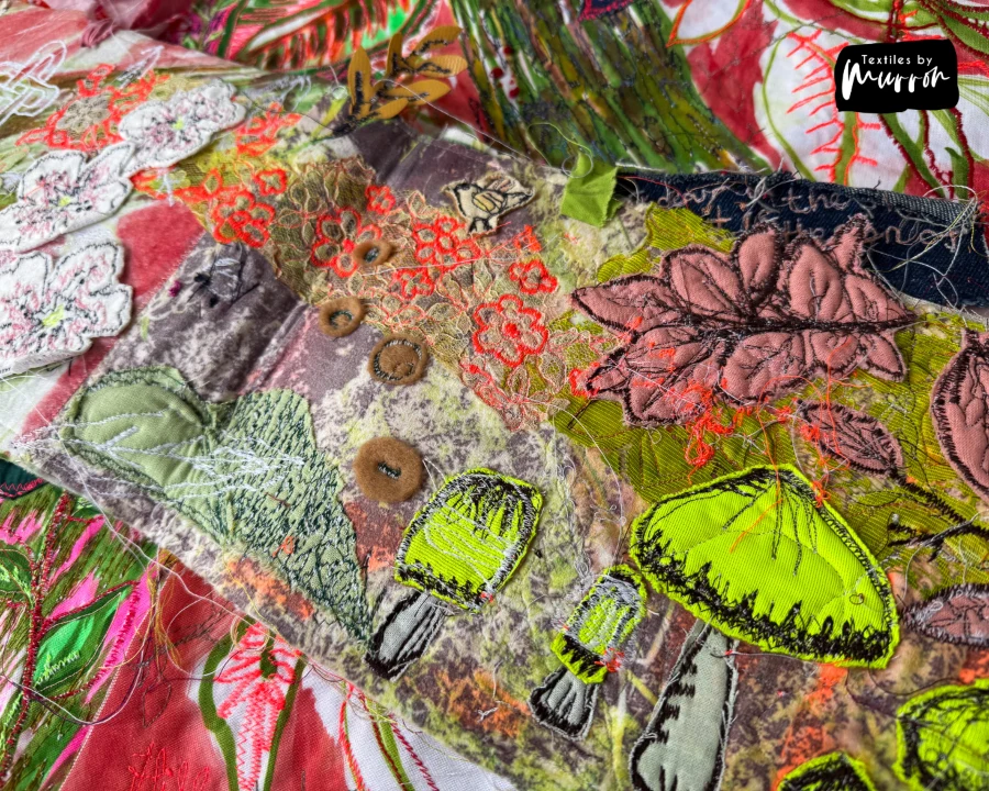 Layered textile artwork by Murron Fraser showing machine embroidery and printmaking techniques, detail view