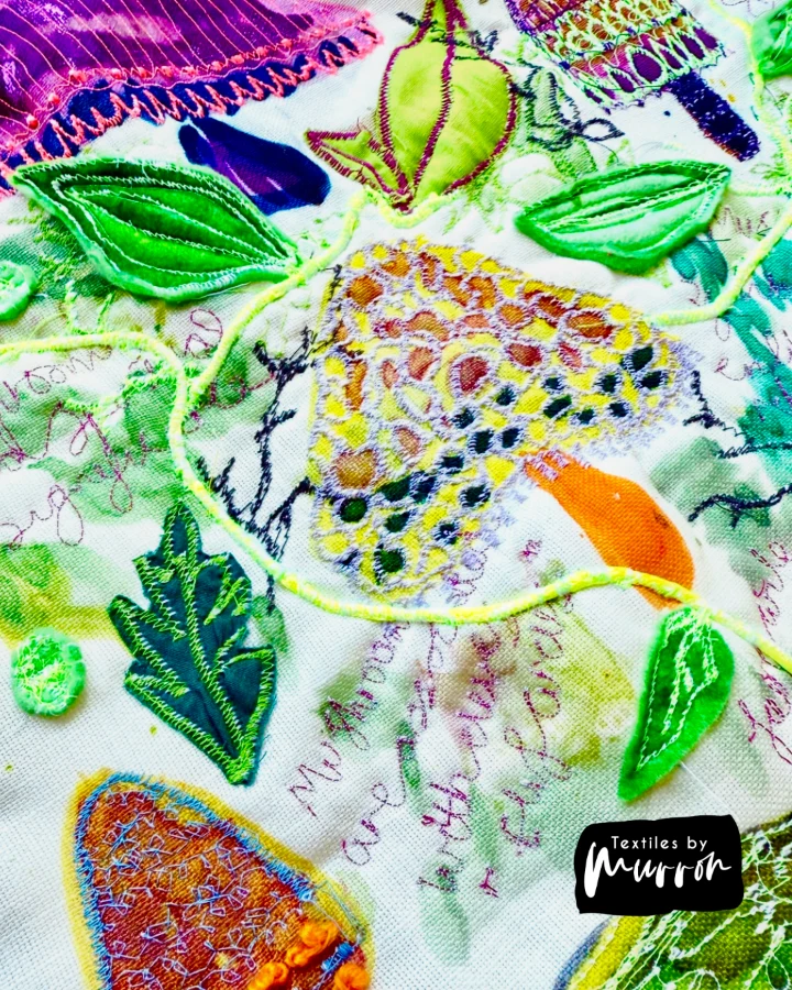 Mixed media textile artwork by Murron Fraser from the Hidden Worlds series, machine embroidery and UV-reactive threads on layered fabric.