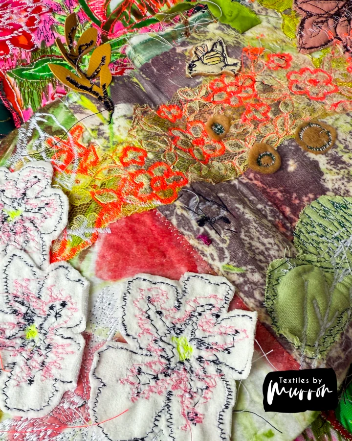 Layered 'drawings' inspired by nature, mixed media textile art by Murron Fraser.