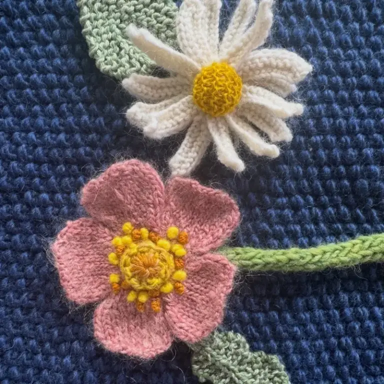 Knitted flower course work by Cilla, advanced knitting student
