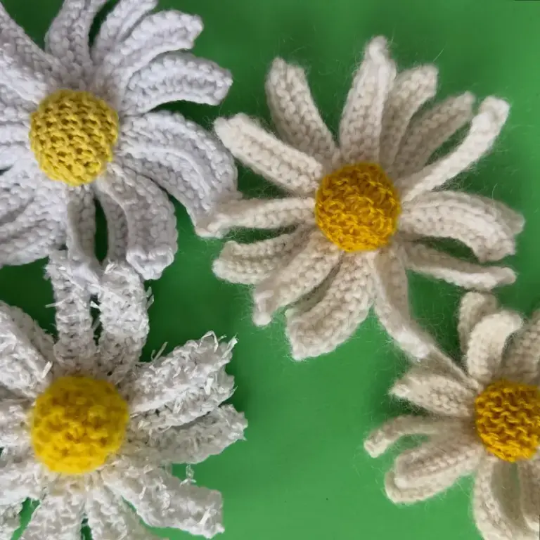 Knitted flower course work by Cilla, advanced knitting student