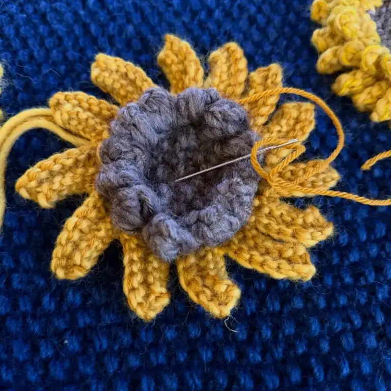 Knitted flower course work by Cilla, advanced knitting student