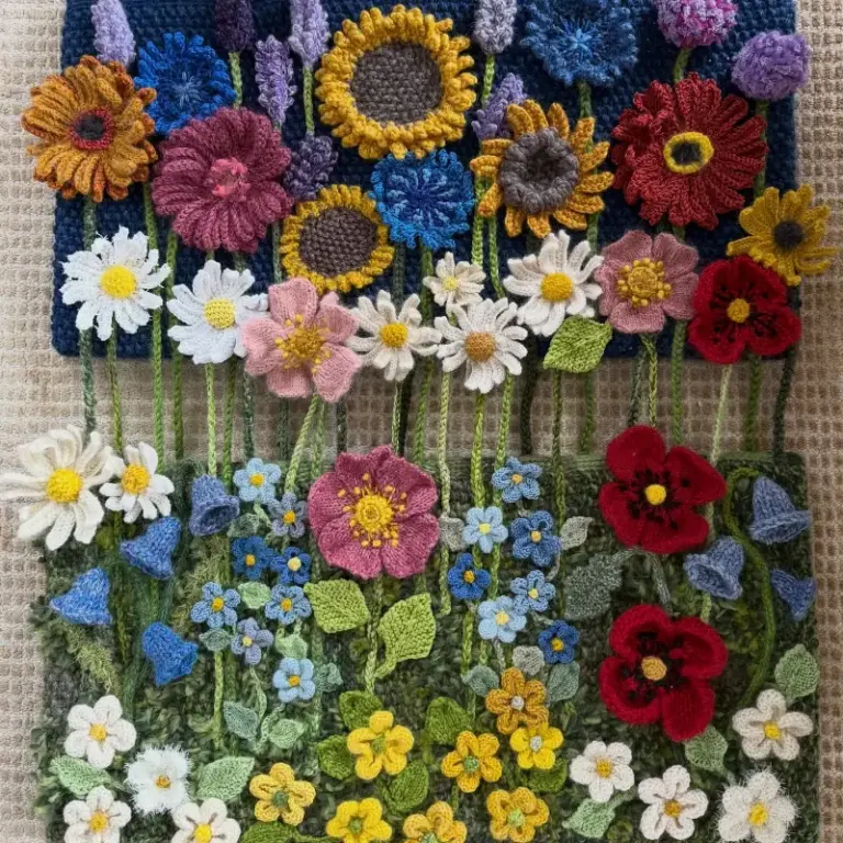 Beautiful knitted flower composition by Cilla, one of our advanced knitting students who is studying skill stage 4