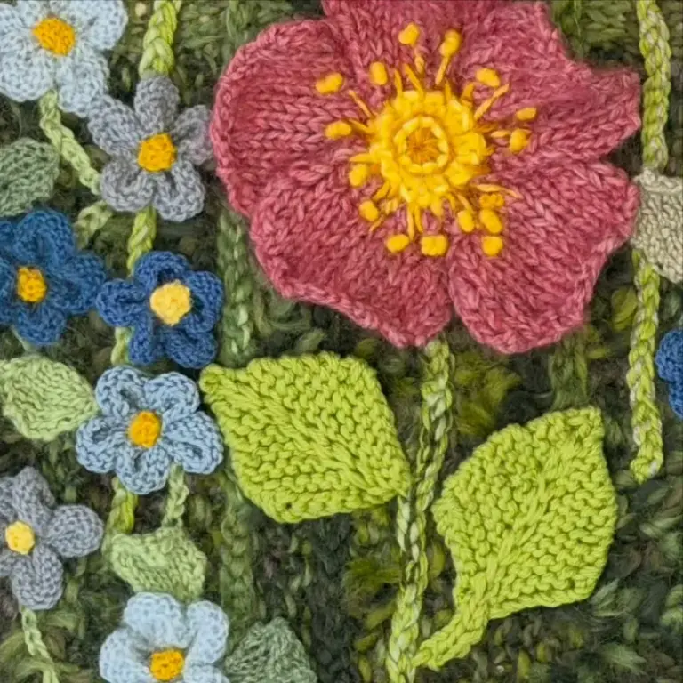 Beautiful knitted flower composition by Cilla, one of our advanced knitting students who is studying skill stage 4