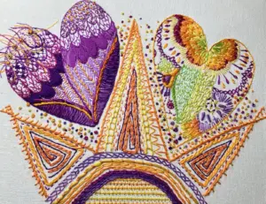 Completed hand embroidery sampler with varied stitch techniques, by SST Skill Stage 2 graduate Elaine Fraser