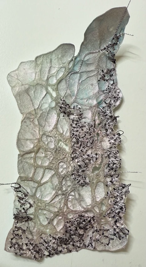 Layered mixed media textile panel with organic cellular texture and free-motion machine stitch, by SST graduate Cheryl McNay