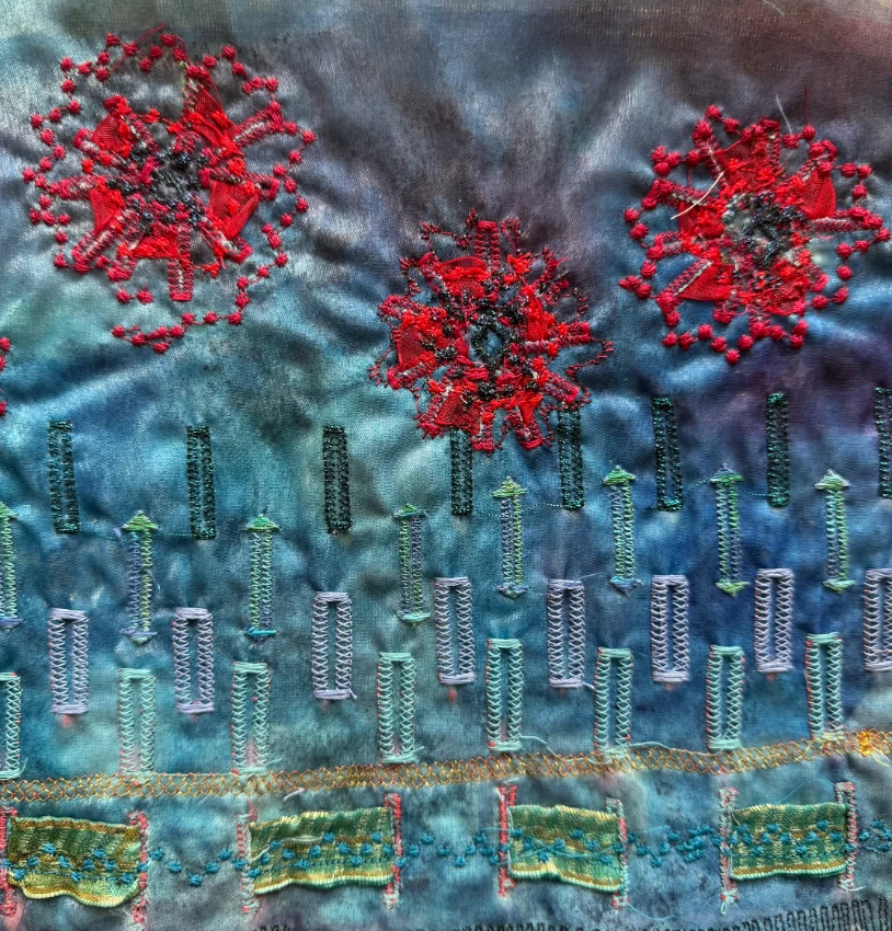 Abstract machine embroidered flowers on hand dye fabric, by Cheryl McNay