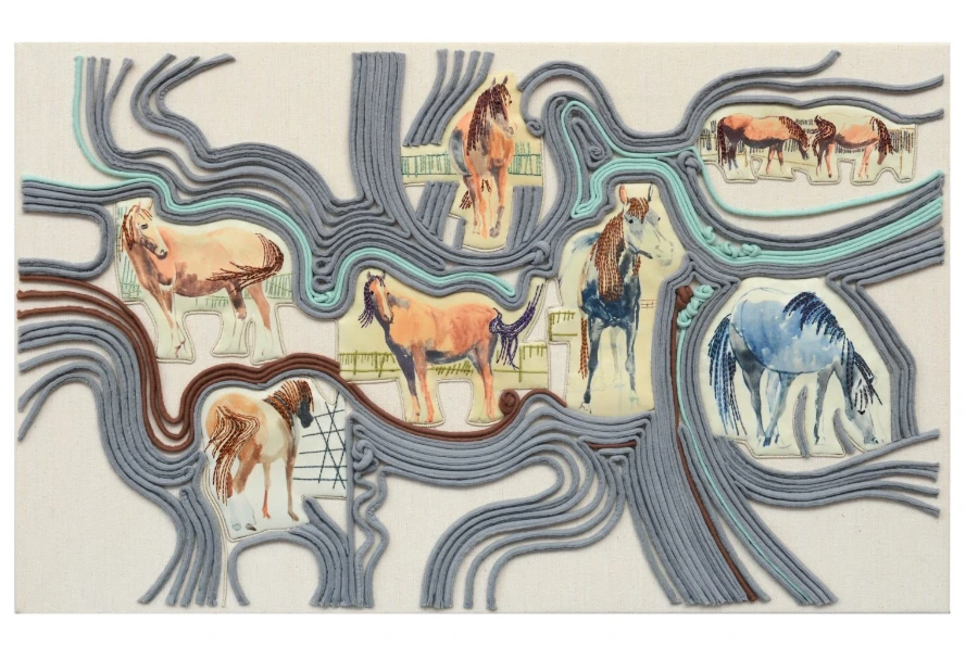 Mares and Stallions, embroidered textile artwork by Diana Springall MBE showing horses in a stylised landscape