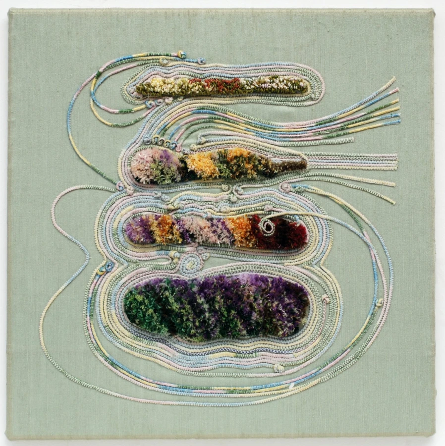 Violas for Chelsea, light green embroidery artwork by Diana Springall MBE showing a botanical textile composition
