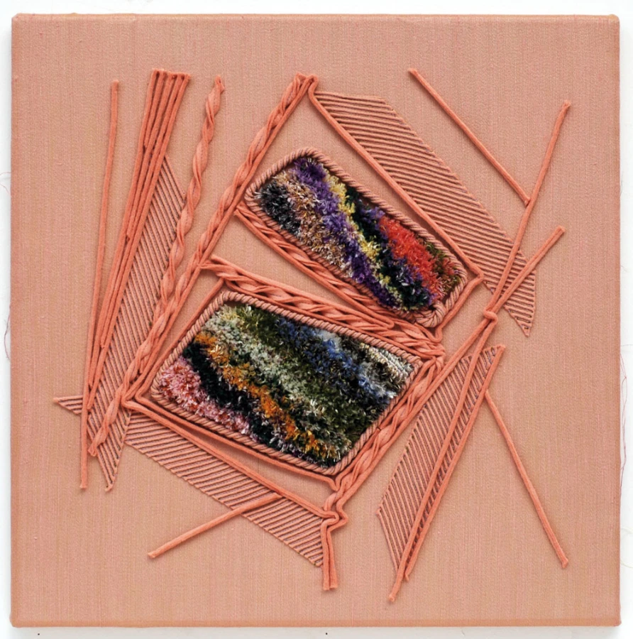Violas for Chelsea, pink embroidery artwork by Diana Springall MBE showing delicate viola flowers with fine textile work