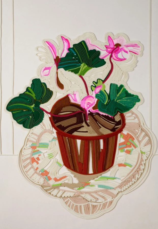 Cyclamen Wall Panel, detailed textile artwork by Diana Springall MBE featuring a potted cyclamen plant in vibrant embroidery