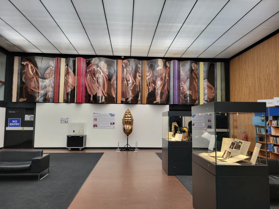 Diana Springall's 46-foot embroidered panel in the University of Sheffield library, featuring graduation figures and silk faculty regalia